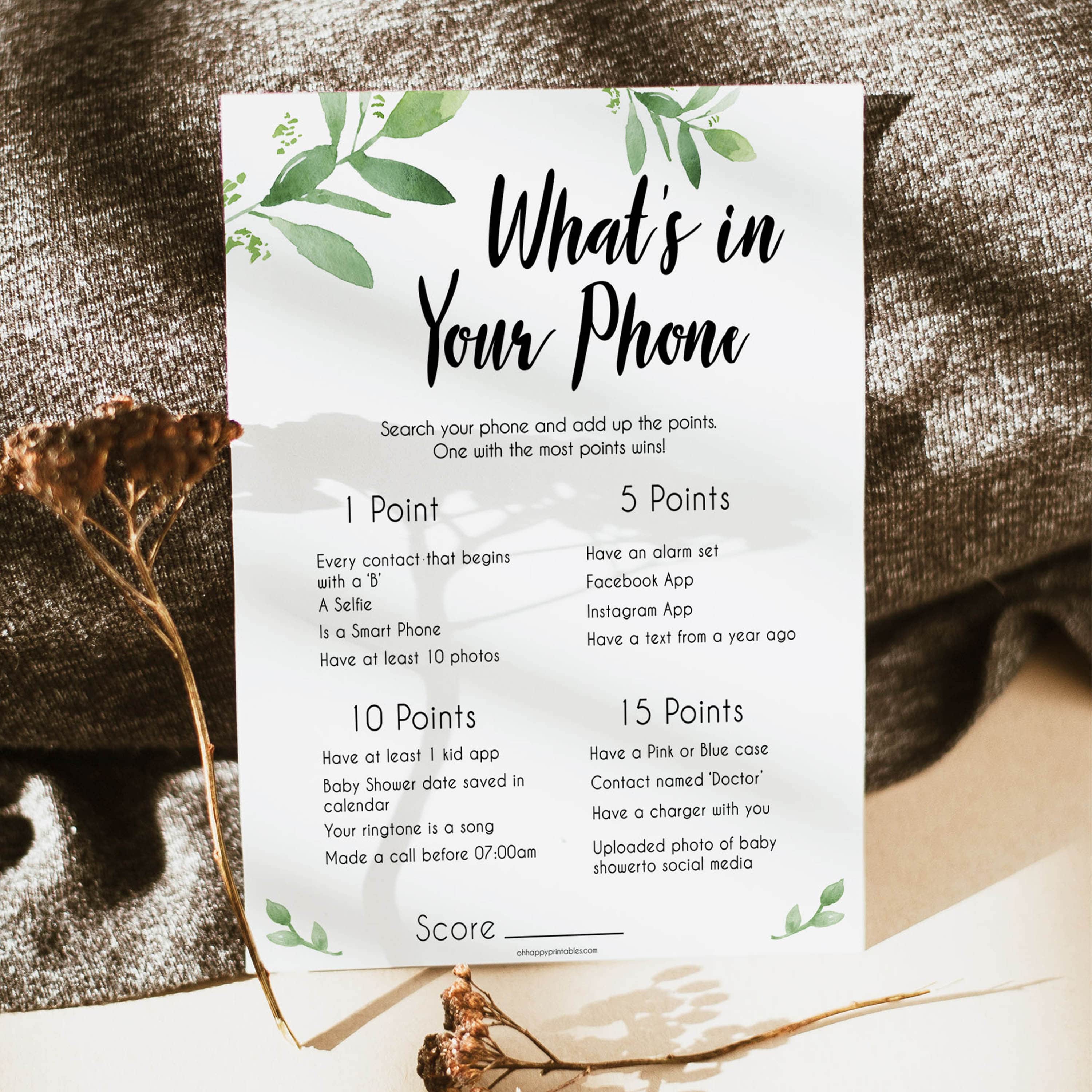 Botanical Whats In Your Phone Baby Shower Game, Greenery Baby Games, Baby Shower Games, Whats on Your Phone, Baby Shower Phone Game
