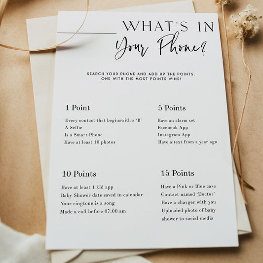 Printable baby shower game What's In Your Phone with a modern minimalist design