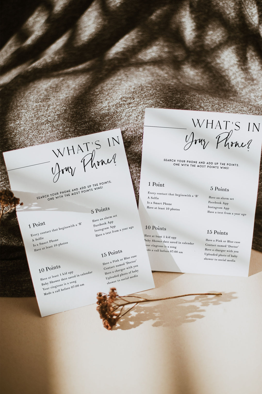 Printable baby shower game What's In Your Phone with a modern minimalist design