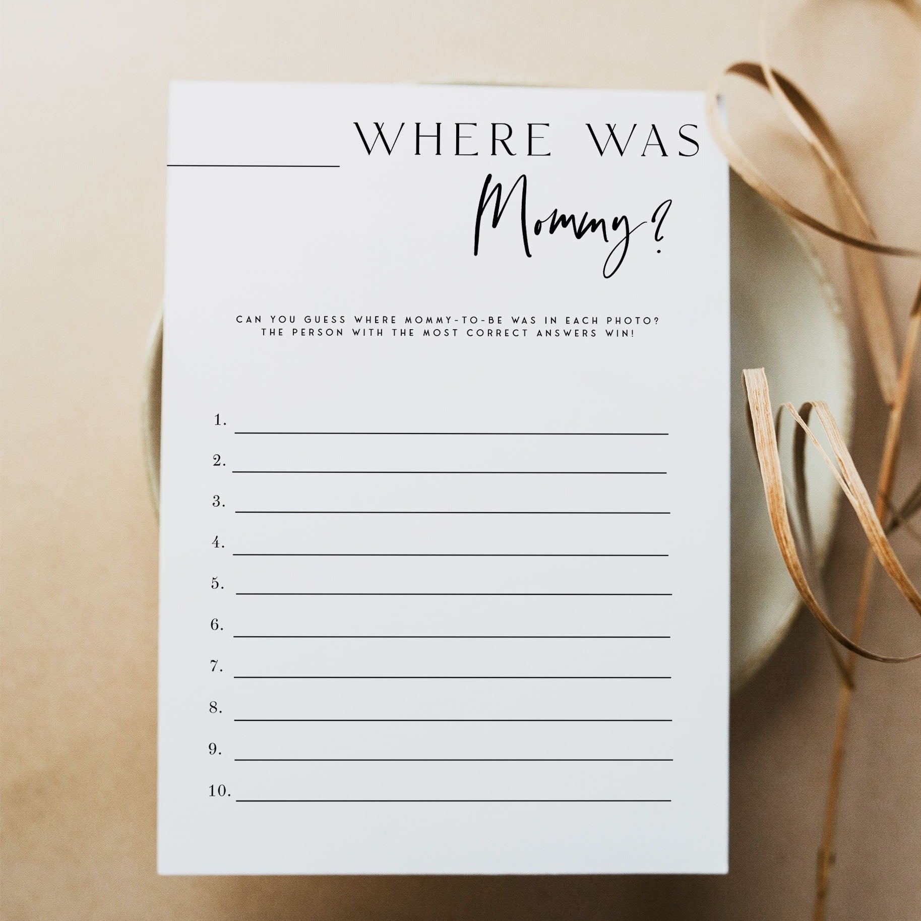 Printable baby shower game Where Was Mommy  with a modern minimalist design