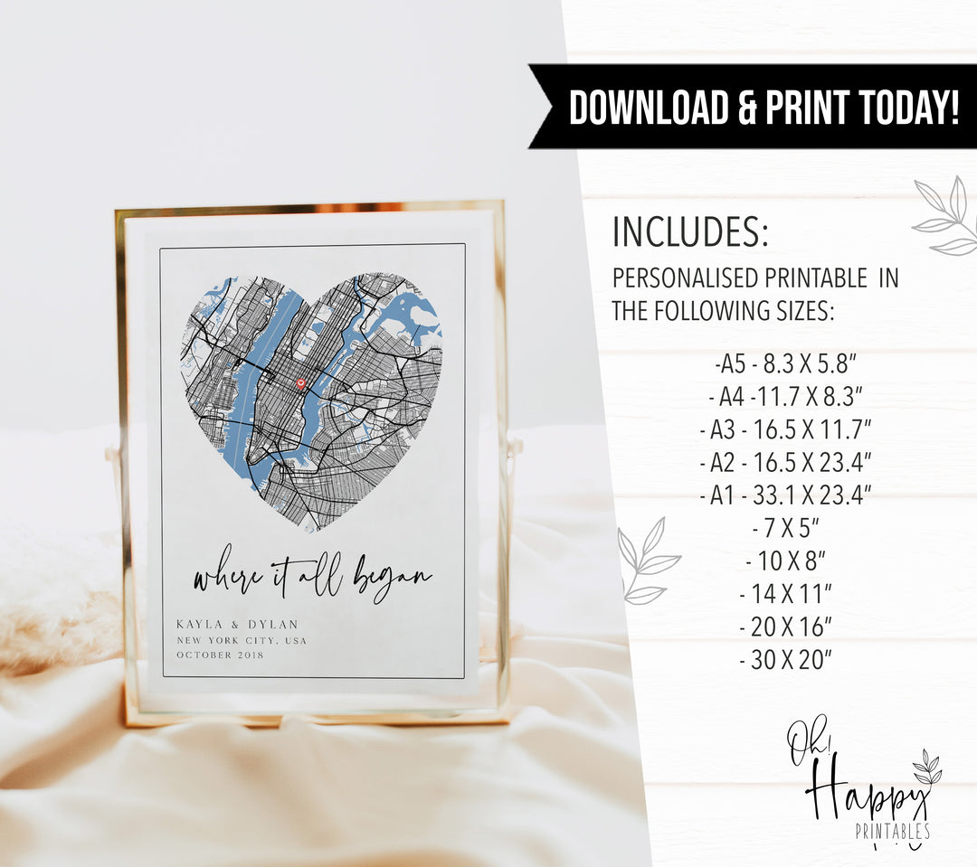 Digital Where We Met Map, Where it All Began Map, Personalised Printable, Couple Map, Gift for Him, Christmas Gifts, Last Minute Gift Idea