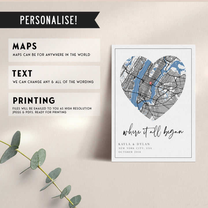 Digital Where We Met Map, Where it All Began Map, Personalised Printable, Couple Map, Gift for Him, Christmas Gifts, Last Minute Gift Idea