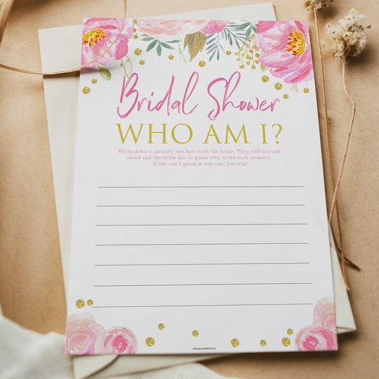 bridal who am I, bridal scattergories game, printable bridal shower games, blush floral bridal shower games, fun bridal shower games