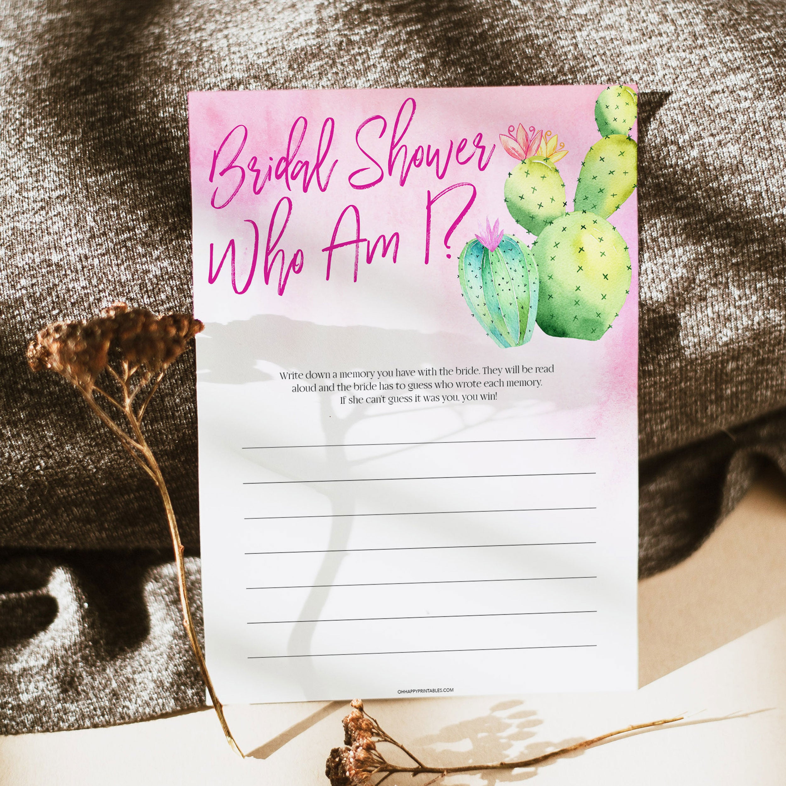 Bridal shower game printable Who Am I, with a pink fiesta background and watercolour cactus design