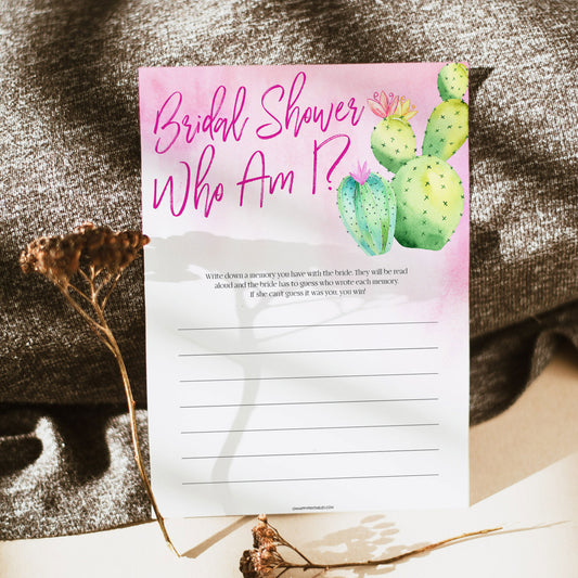 Bridal shower game printable Who Am I, with a pink fiesta background and watercolour cactus design