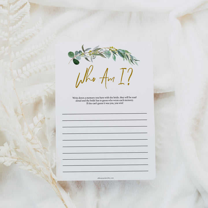 Bridal Shower Who Am I - Eucalyptus Leaf