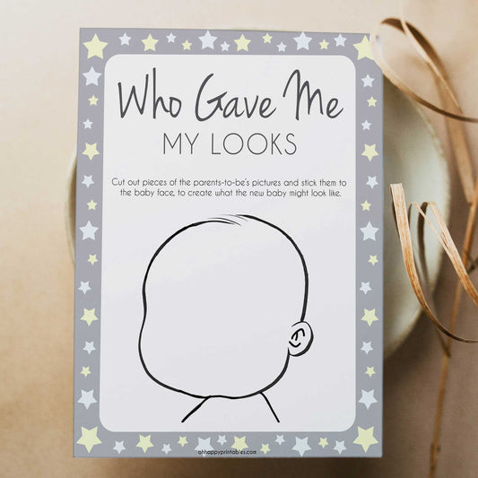 Grey Yellow Stars Baby Face Game, What Will Baby Look Like, Baby Face Guess The Looks, Printable Baby Shower Game, Baby Face, Gave Looks, fun baby shower games, popular baby shower games