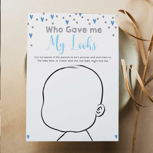who gave me my looks, Printable baby shower games, small blue hearts fun baby games, baby shower games, fun baby shower ideas, top baby shower ideas, silver baby shower, blue hearts baby shower ideas