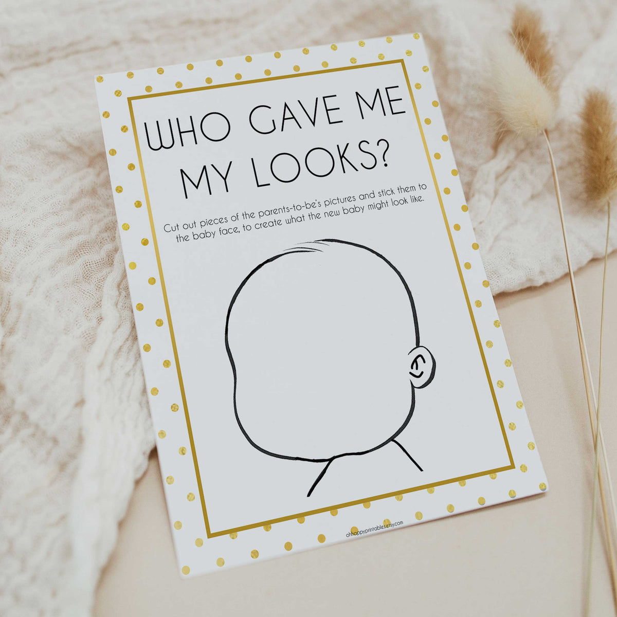 who gave me my looks, baby looks game, Printable baby shower games, baby gold dots fun baby games, baby shower games, fun baby shower ideas, top baby shower ideas, gold glitter shower baby shower, friends baby shower ideas