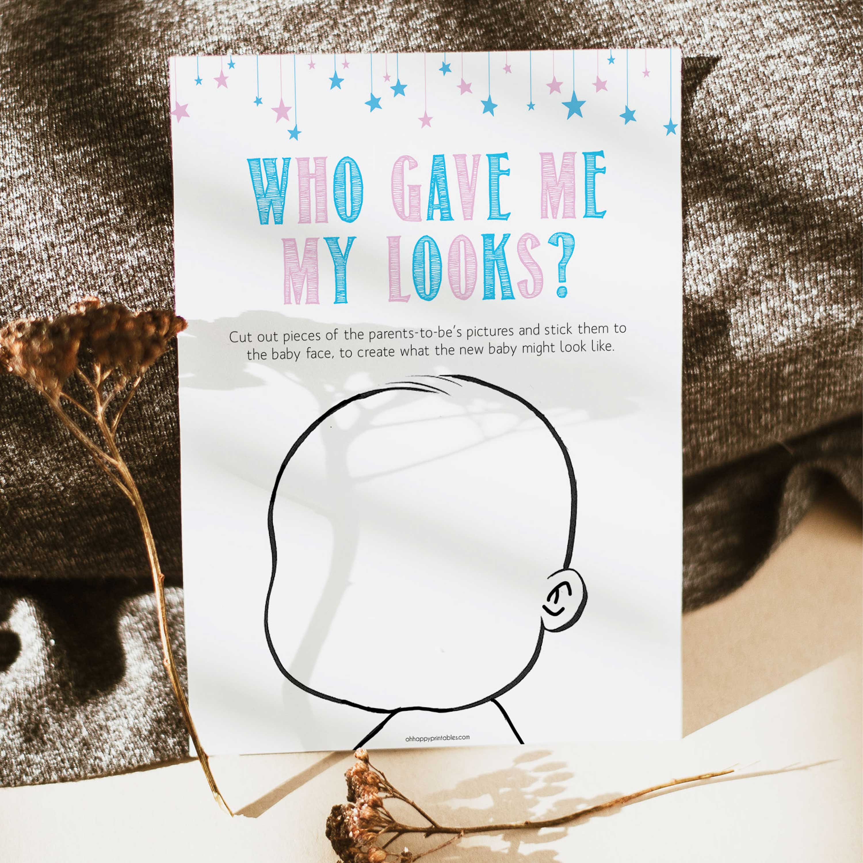 Gender reveal baby games, my looks baby game, gender reveal shower, fun baby games, gender reveal ideas, popular baby games, best baby games, printable baby games, gender reveal baby games