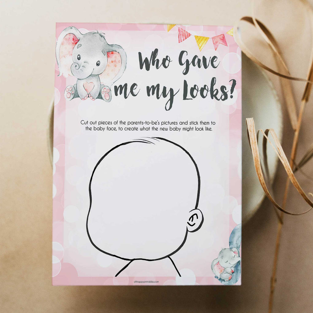 pink elephant baby games, who gave me my looks baby shower games, printable baby shower games, baby shower games, fun baby games, popular baby games, pink baby games