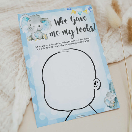 Blue elephant baby games, who gave me my looks, elephant baby games, printable baby games, top baby games, best baby shower games, baby shower ideas, fun baby games, elephant baby shower