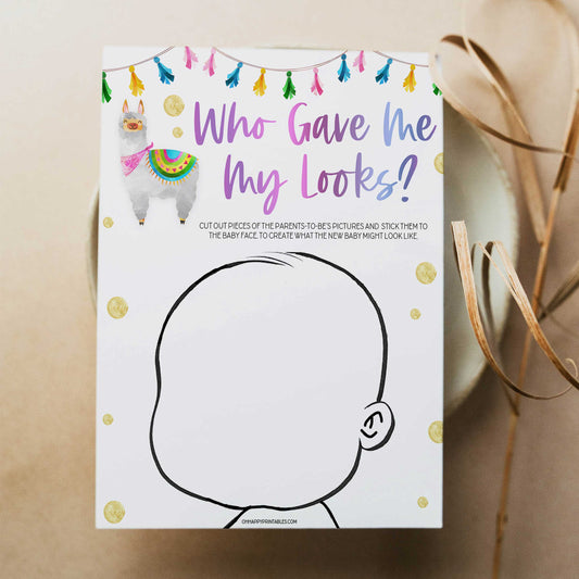 who gave me my looks, baby looks game, Printable baby shower games, llama fiesta fun baby games, baby shower games, fun baby shower ideas, top baby shower ideas, Llama fiesta shower baby shower, fiesta baby shower ideas