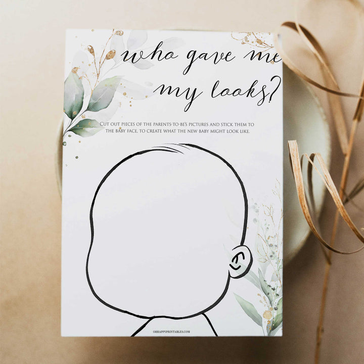 Gold green leaf baby games, who gave the baby their looks, printable baby games, fun baby games, top baby games to play, gold leaf baby shower, greenery baby shower ideas