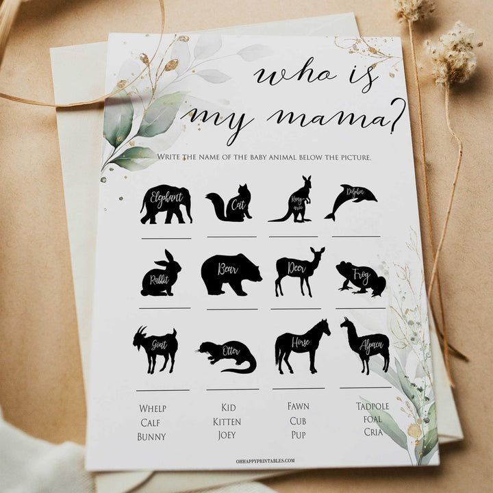 Gold green leaf baby games, who is my mama, printable baby games, fun baby games, top baby games to play, gold leaf baby shower, greenery baby shower ideas