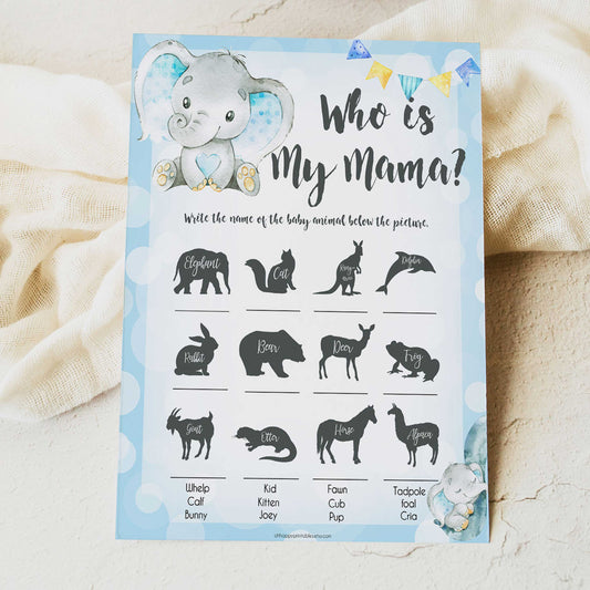 Blue elephant baby games, who is my mama, elephant baby games, printable baby games, top baby games, best baby shower games, baby shower ideas, fun baby games, elephant baby shower