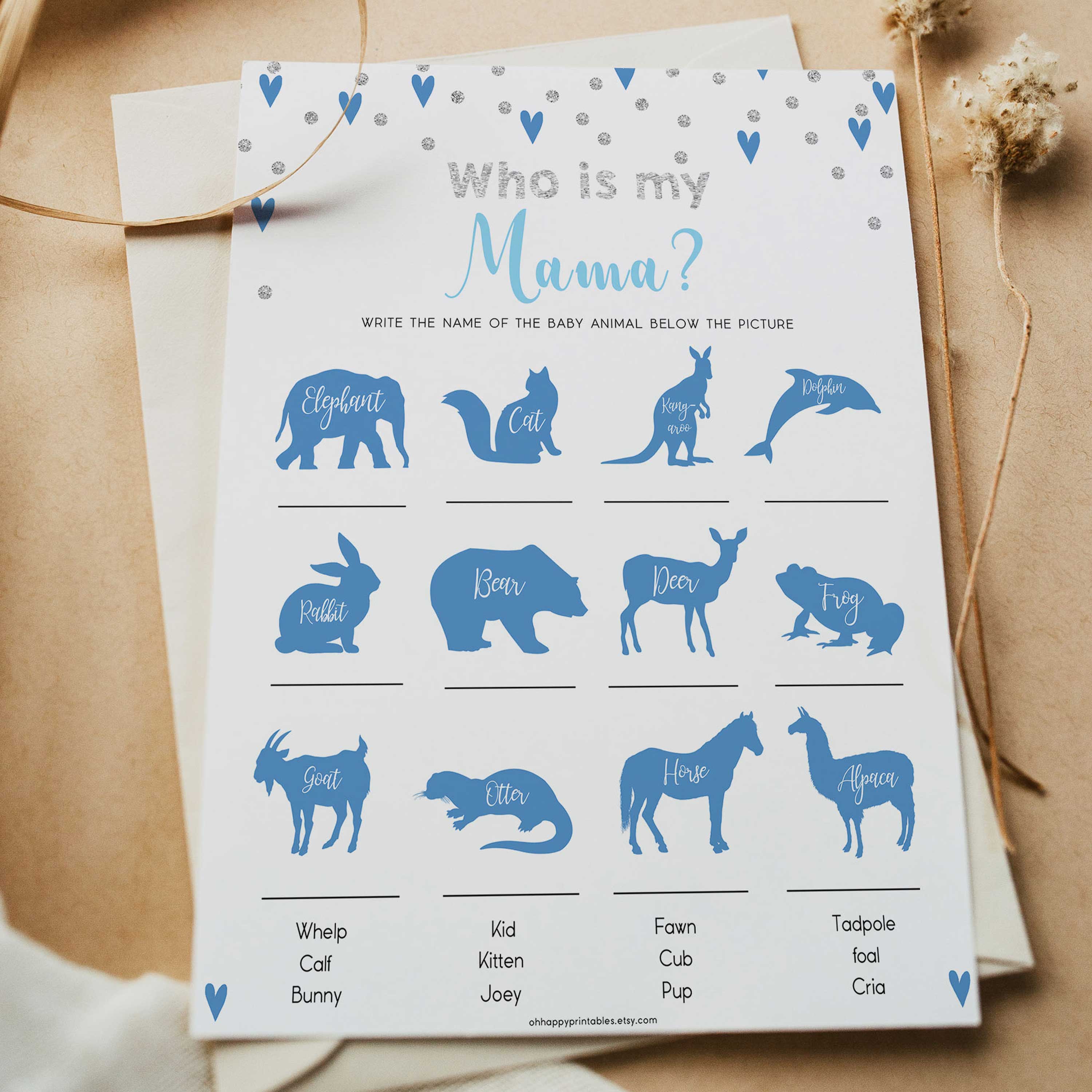 who is my mama game, Printable baby shower games, small blue hearts fun baby games, baby shower games, fun baby shower ideas, top baby shower ideas, silver baby shower, blue hearts baby shower ideas