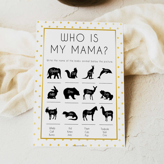 who is my mama game, baby animal game, Printable baby shower games, baby gold dots fun baby games, baby shower games, fun baby shower ideas, top baby shower ideas, gold glitter shower baby shower, friends baby shower ideas