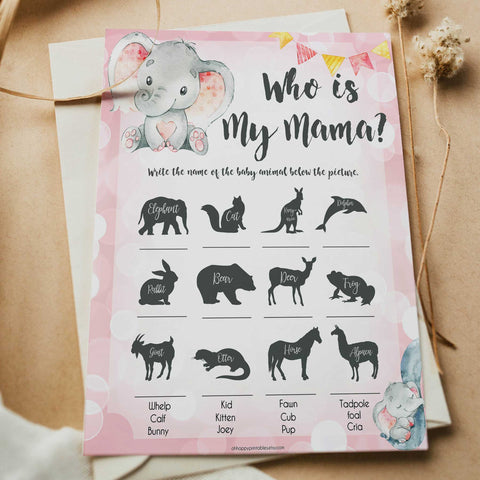 pink elephant baby games, who is my mama baby shower games, printable baby shower games, baby shower games, fun baby games, popular baby games, pink baby games