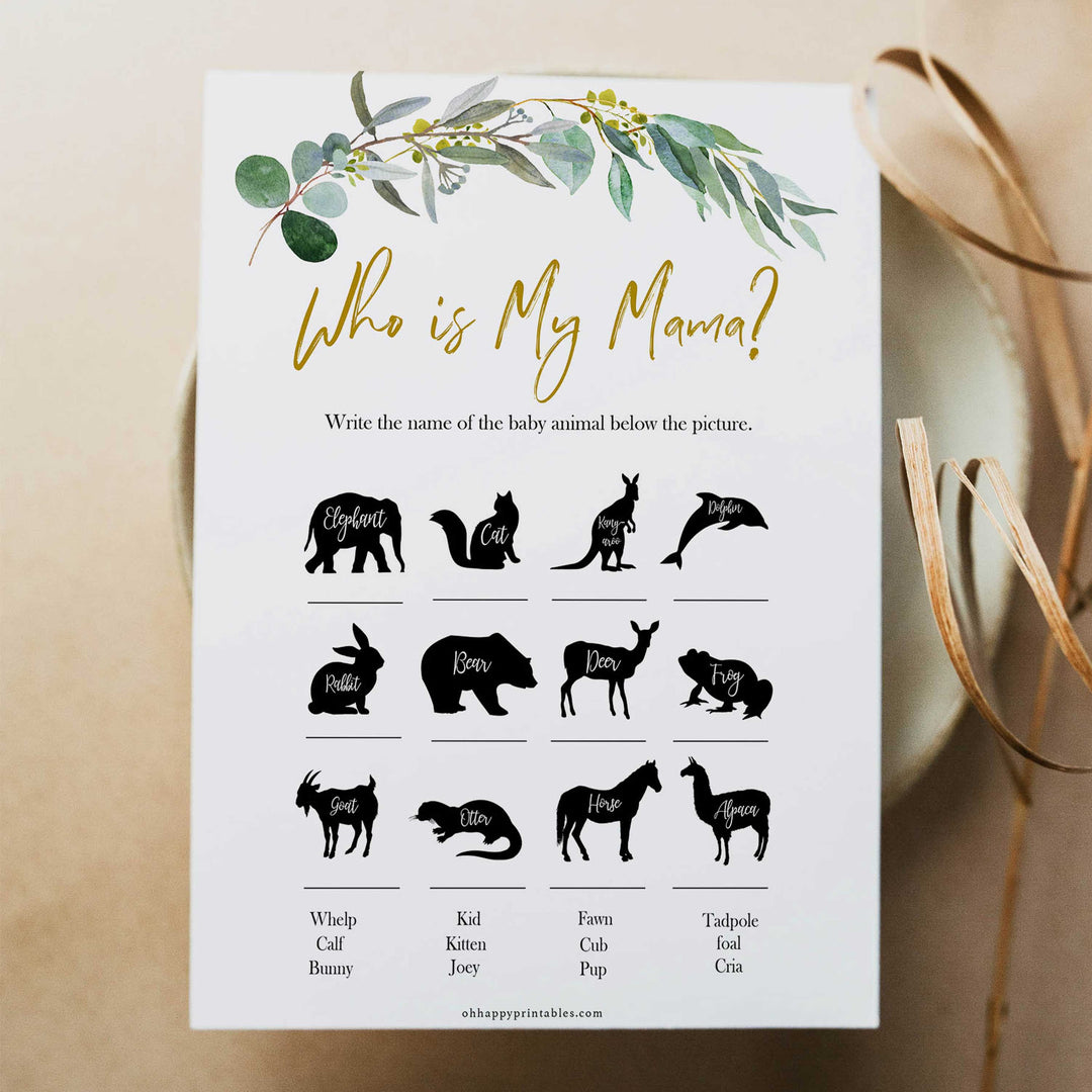 Eucalyptus baby shower games, who is my mama game baby game, fun baby shower games, printable baby games, baby shower ideas, baby games, baby shower baby shower bundle, baby shower games packs, botanical baby shower