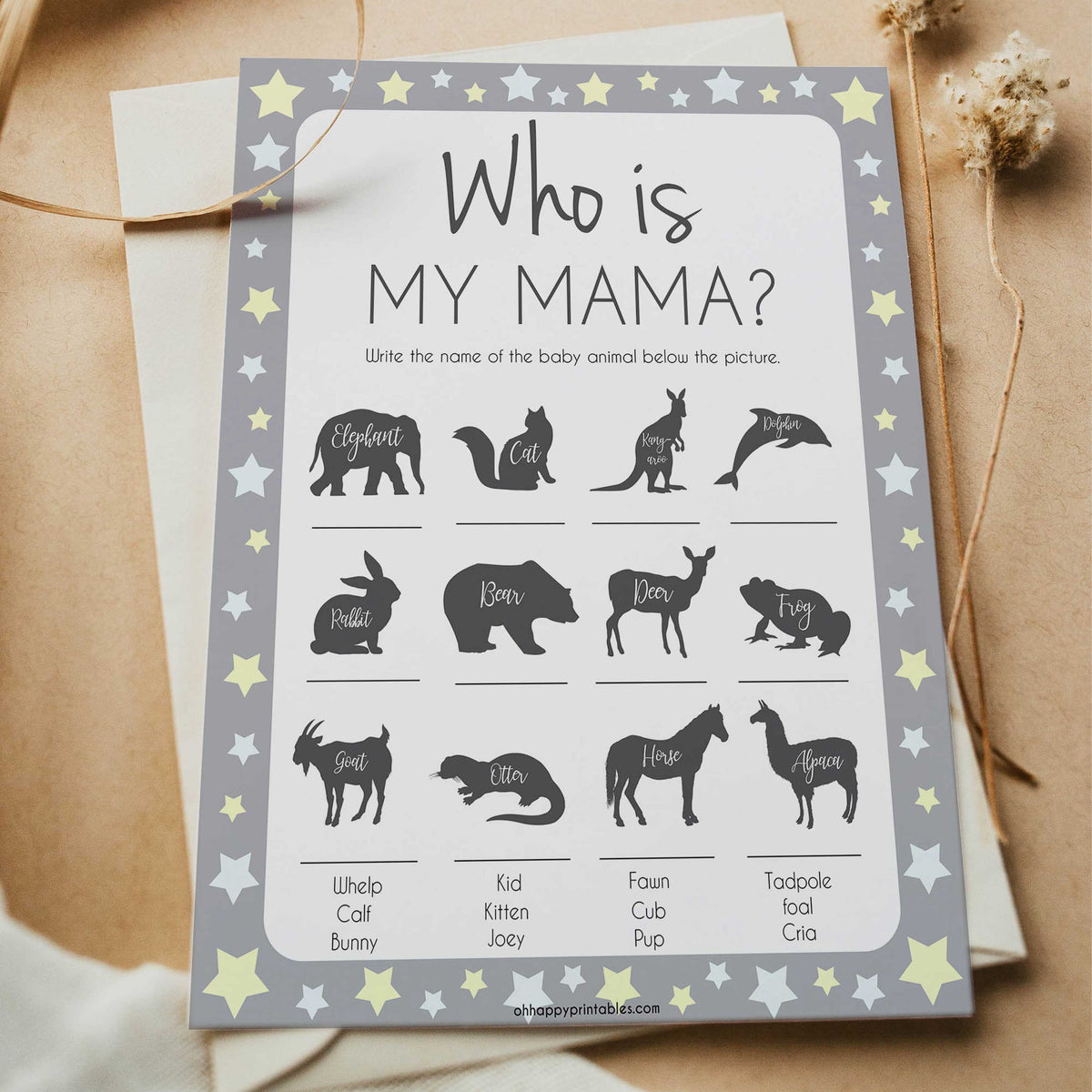 Grey Yellow Stars Who is My Mommy Animal Game, Who is my Mama Game, Baby Shower Games, Baby Shower, Who is my Mama, Animal Baby Game, fun baby shower games, popular baby shower games 