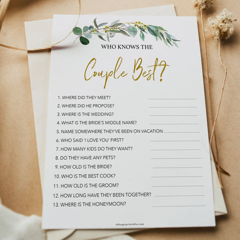 Bridal Shower game Who Knows the Couple Best, with a gold and eucalyptus greenery design
