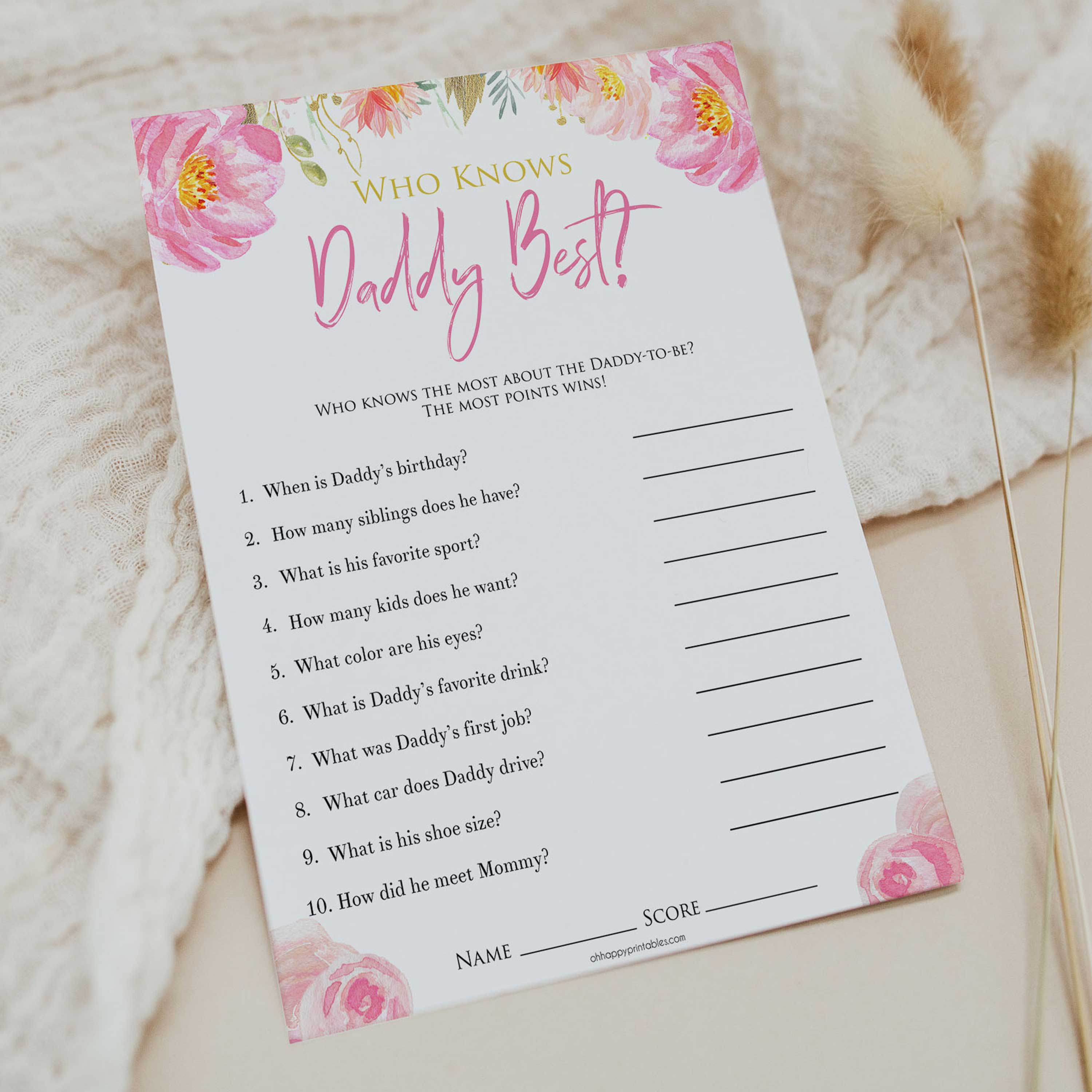 Pink blush floral baby shower who knows daddy best game, printable baby games, baby shower games, blush baby shower, floral baby games, girl baby shower ideas, pink baby shower ideas, floral baby games, popular baby games, fun baby games