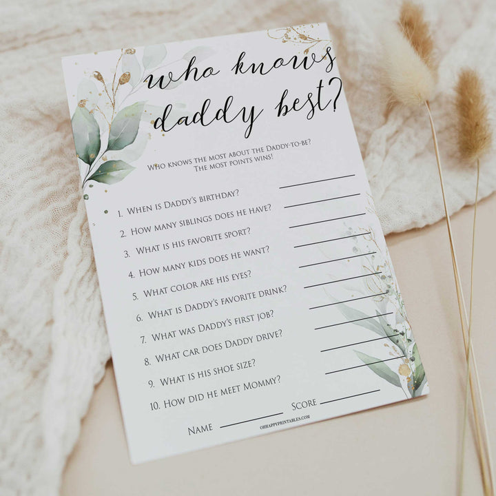 Gold green leaf baby games, who knows daddy best, printable baby games, fun baby games, top baby games to play, gold leaf baby shower, greenery baby shower ideas