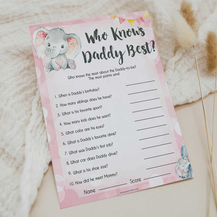pink elephant baby games, who knows daddy best baby shower games, printable baby shower games, baby shower games, fun baby games, popular baby games, pink baby games