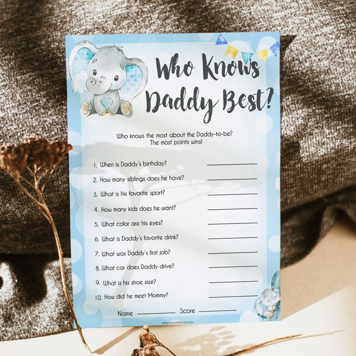 Blue elephant baby games, who knows daddy best, elephant baby games, printable baby games, top baby games, best baby shower games, baby shower ideas, fun baby games, elephant baby shower