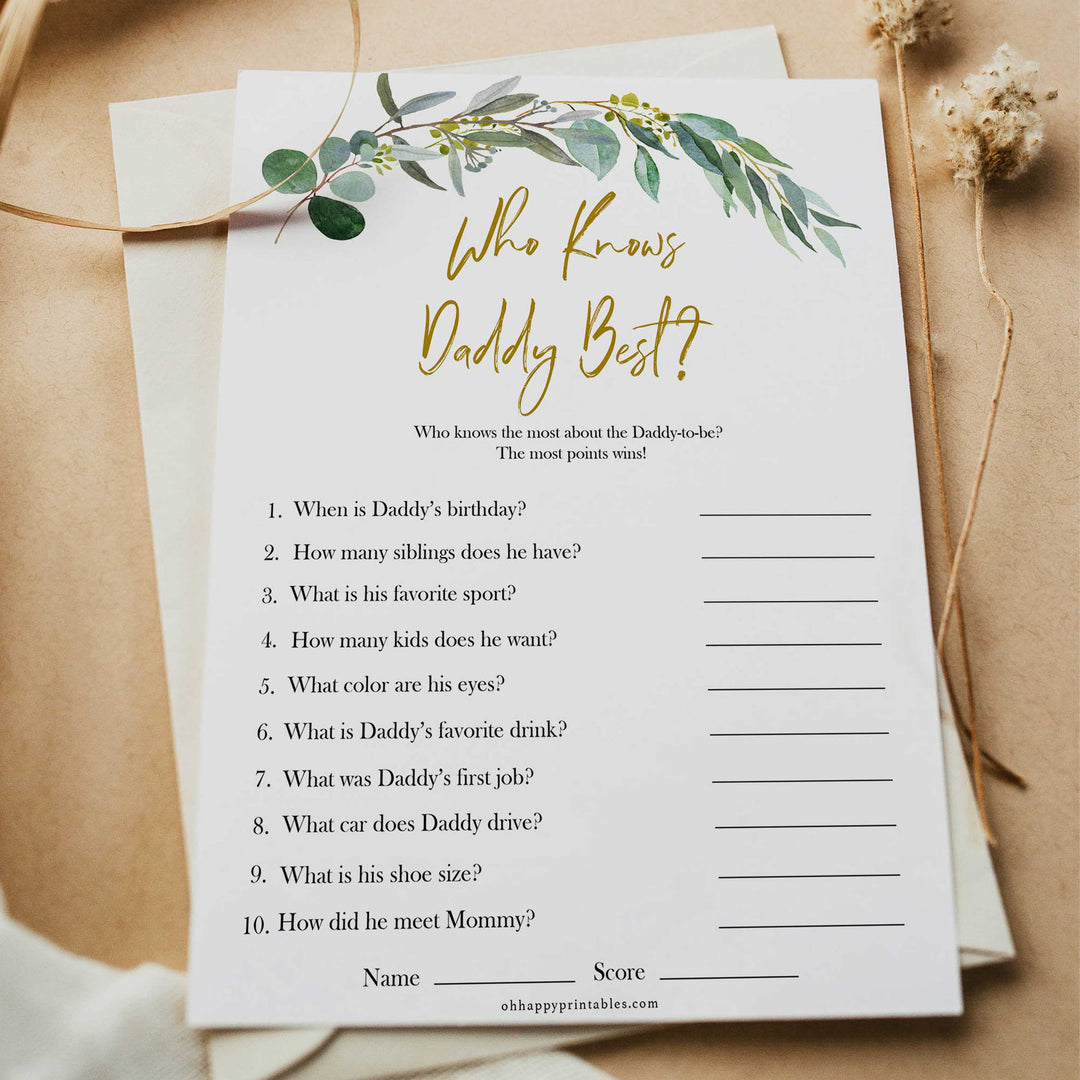 Eucalyptus baby shower games, who knows daddy best game baby game, fun baby shower games, printable baby games, baby shower ideas, baby games, baby shower baby shower bundle, baby shower games packs, botanical baby shower