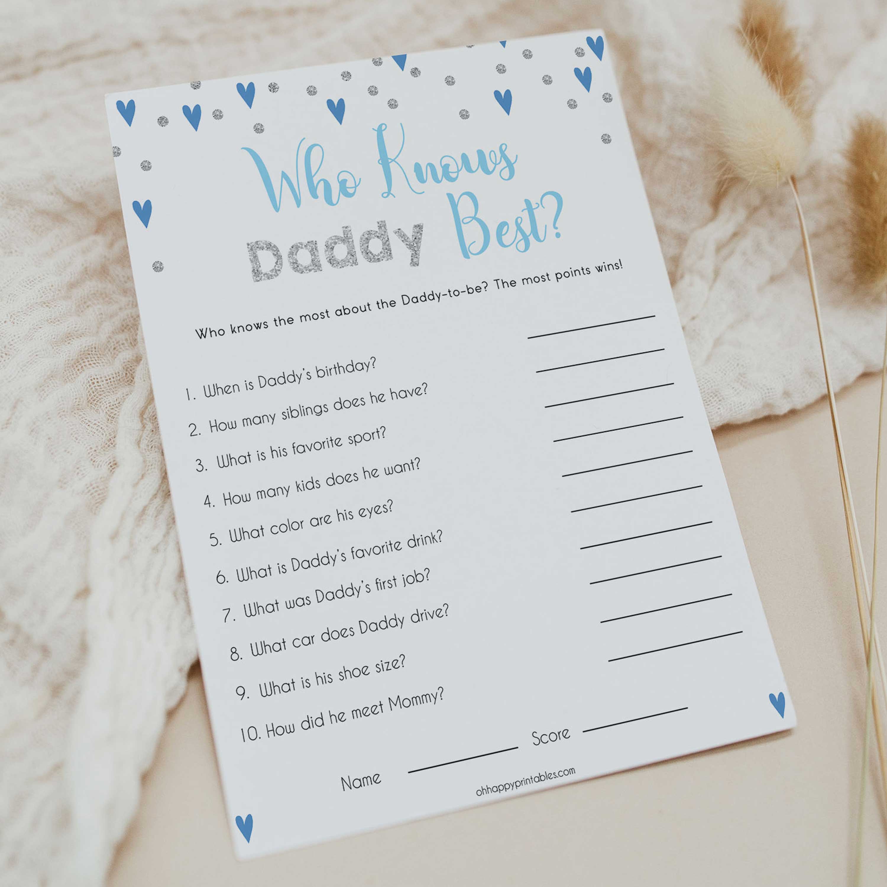 who knows daddy best, Printable baby shower games, small blue hearts fun baby games, baby shower games, fun baby shower ideas, top baby shower ideas, silver baby shower, blue hearts baby shower ideas