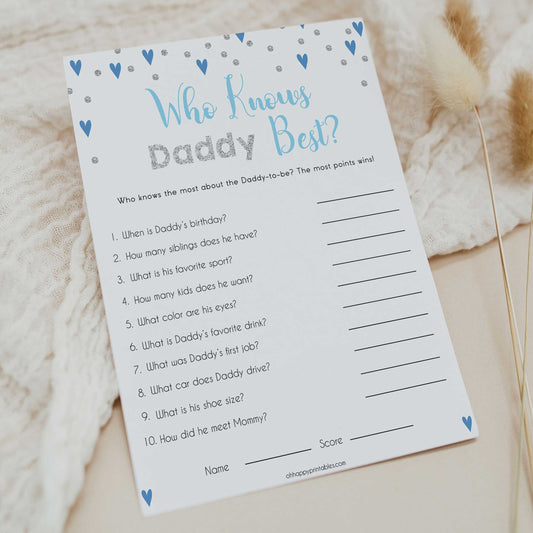 who knows daddy best, Printable baby shower games, small blue hearts fun baby games, baby shower games, fun baby shower ideas, top baby shower ideas, silver baby shower, blue hearts baby shower ideas