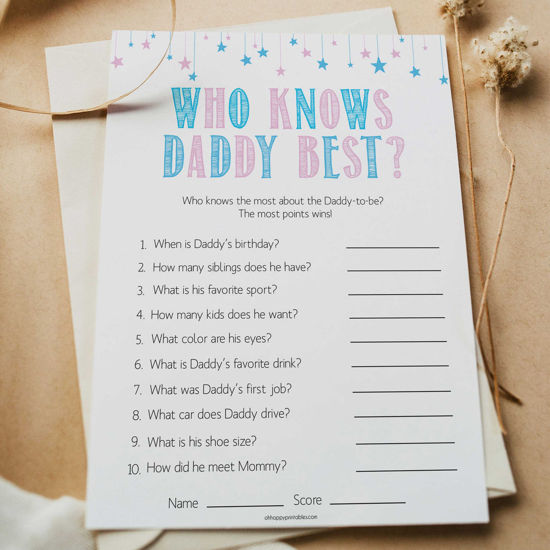 Gender reveal baby games, who knows daddy best baby game, gender reveal shower, fun baby games, gender reveal ideas, popular baby games, best baby games, printable baby games, gender reveal baby games