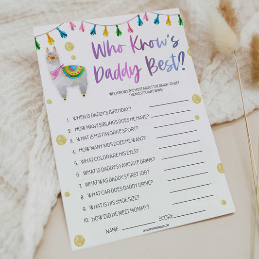 who knows daddy best game, Printable baby shower games, llama fiesta fun baby games, baby shower games, fun baby shower ideas, top baby shower ideas, Llama fiesta shower baby shower, fiesta baby shower ideas