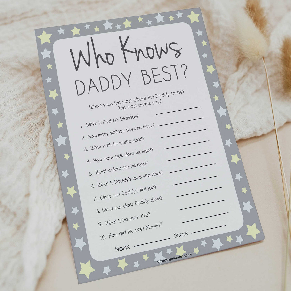 Grey Yellow Stars Who Knows Daddy Best, How Well Do you Know Daddy Games, Who Knows Daddy Game, Printable Baby Shower Games, Baby Shower, fun baby shower games, popular baby shower games