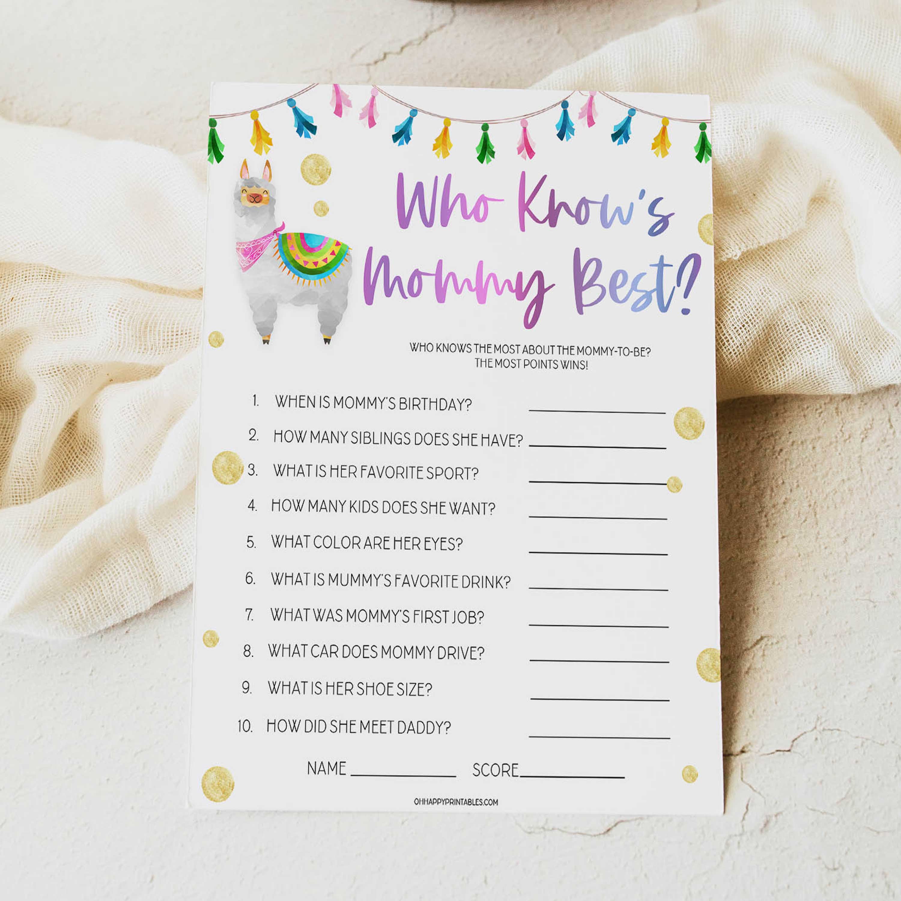 who knows mommy best game, Printable baby shower games, llama fiesta fun baby games, baby shower games, fun baby shower ideas, top baby shower ideas, Llama fiesta shower baby shower, fiesta baby shower ideas