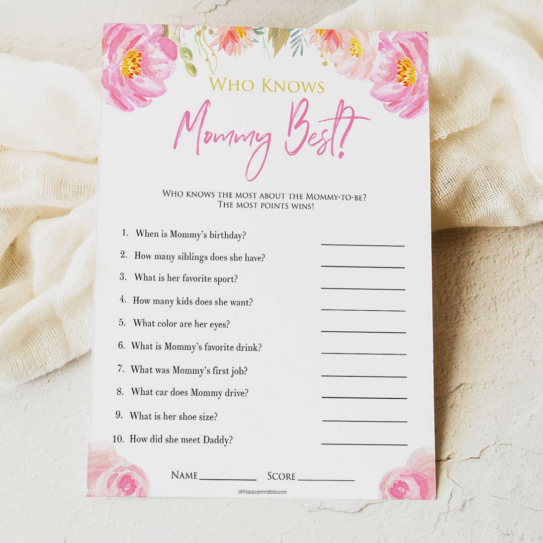 Pink blush floral baby shower who knows mommy best, who knows mummy best game, printable baby games, baby shower games, blush baby shower, floral baby games, girl baby shower ideas, pink baby shower ideas, floral baby games, popular baby games, fun baby games
