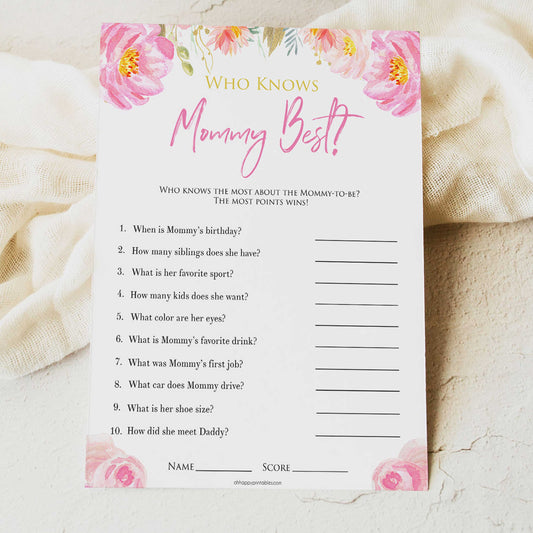 Pink blush floral baby shower who knows mommy best, who knows mummy best game, printable baby games, baby shower games, blush baby shower, floral baby games, girl baby shower ideas, pink baby shower ideas, floral baby games, popular baby games, fun baby games