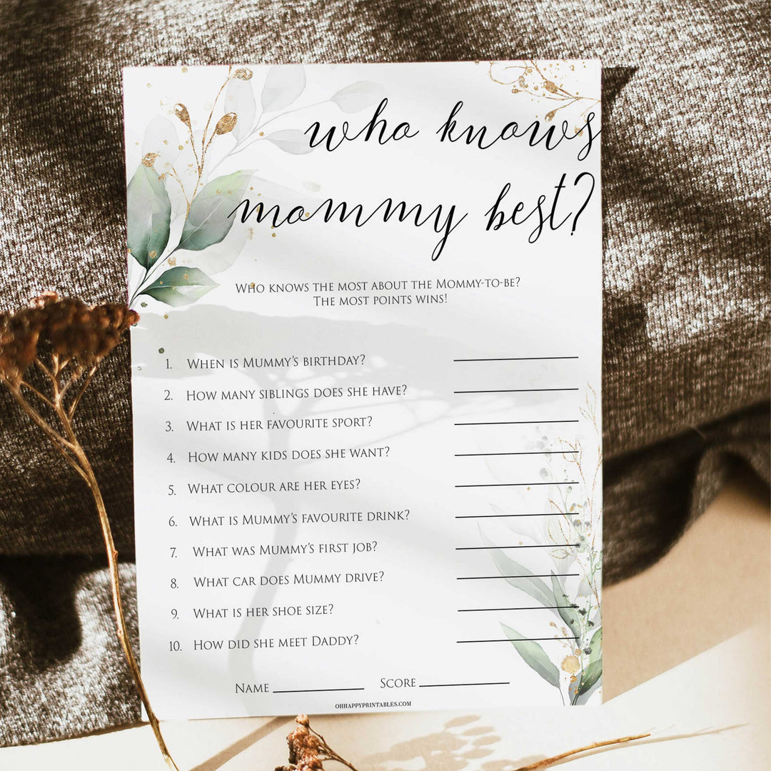 Gold green leaf baby games, who knows mummy best, printable baby games, fun baby games, top baby games to play, gold leaf baby shower, greenery baby shower ideas