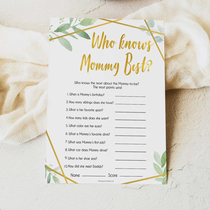 gold geometric who knows mommy best baby shower games, printable baby shower games, fun baby games, popular baby games, gold baby games