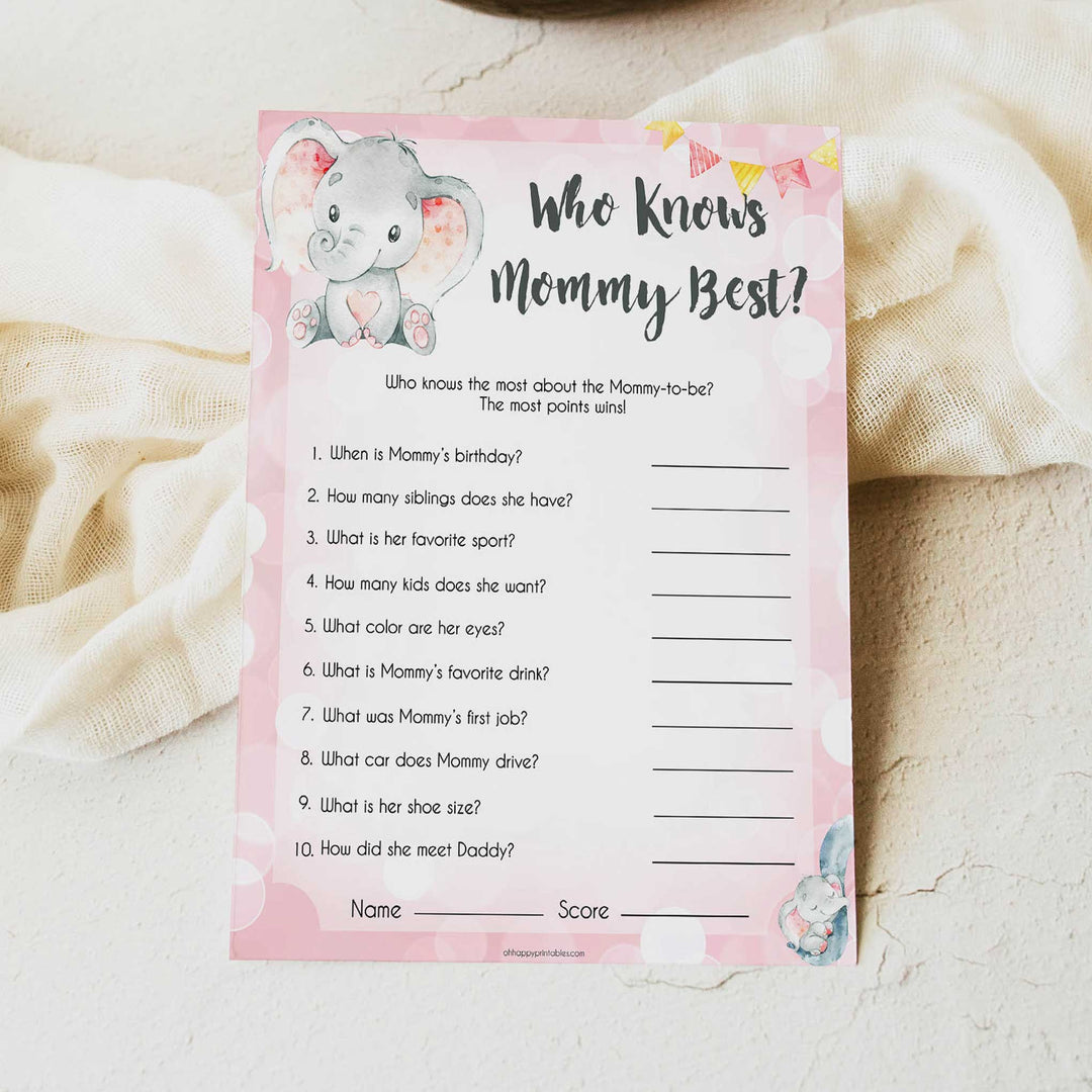 pink elephant baby games, who knows mummy best baby shower games, printable baby shower games, baby shower games, fun baby games, popular baby games, pink baby games