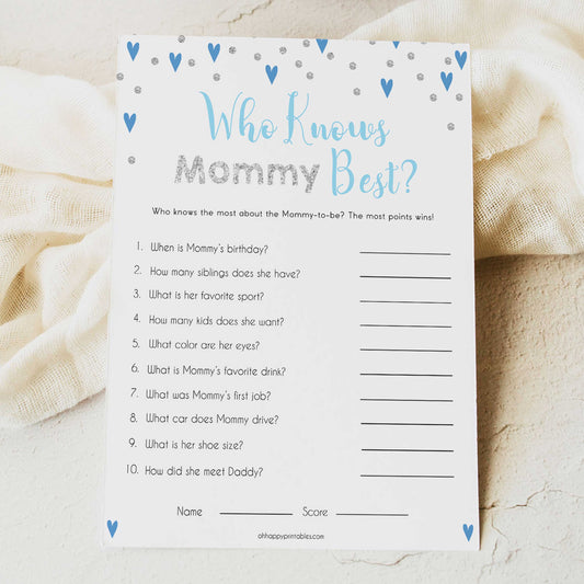 who knows mommy best, Printable baby shower games, small blue hearts fun baby games, baby shower games, fun baby shower ideas, top baby shower ideas, silver baby shower, blue hearts baby shower ideas