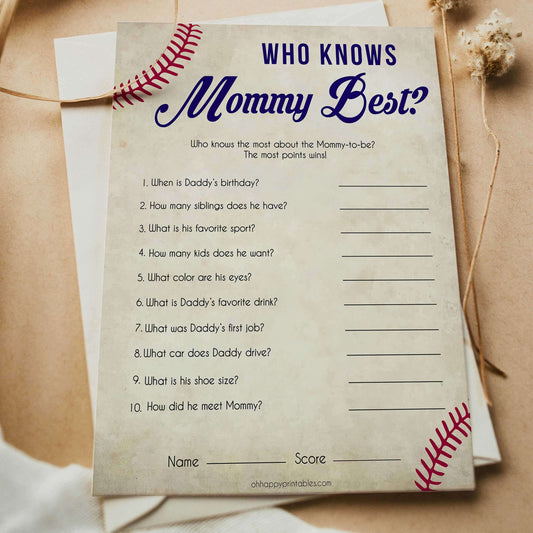 Baseball Who Knows Mommy Best Quiz, Baby Shower Games, Knows Mummy Games, Baseball Baby Shower Games, Fun Baby Shower Games, printable baby shower games, fun baby shower games, popular baby shower games