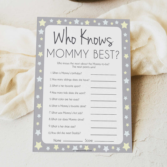 Grey Yellow Stars Who Knows Mommy Best Quiz, Baby Shower Games, Knows Mummy Games, Printable Baby Shower Games, Star Baby Shower Games, fun baby shower games, popular baby shower games