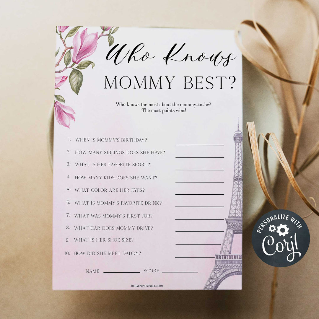 editable who knows mommy best baby game, Paris baby shower games, printable baby shower games, Parisian baby shower games, fun baby shower games