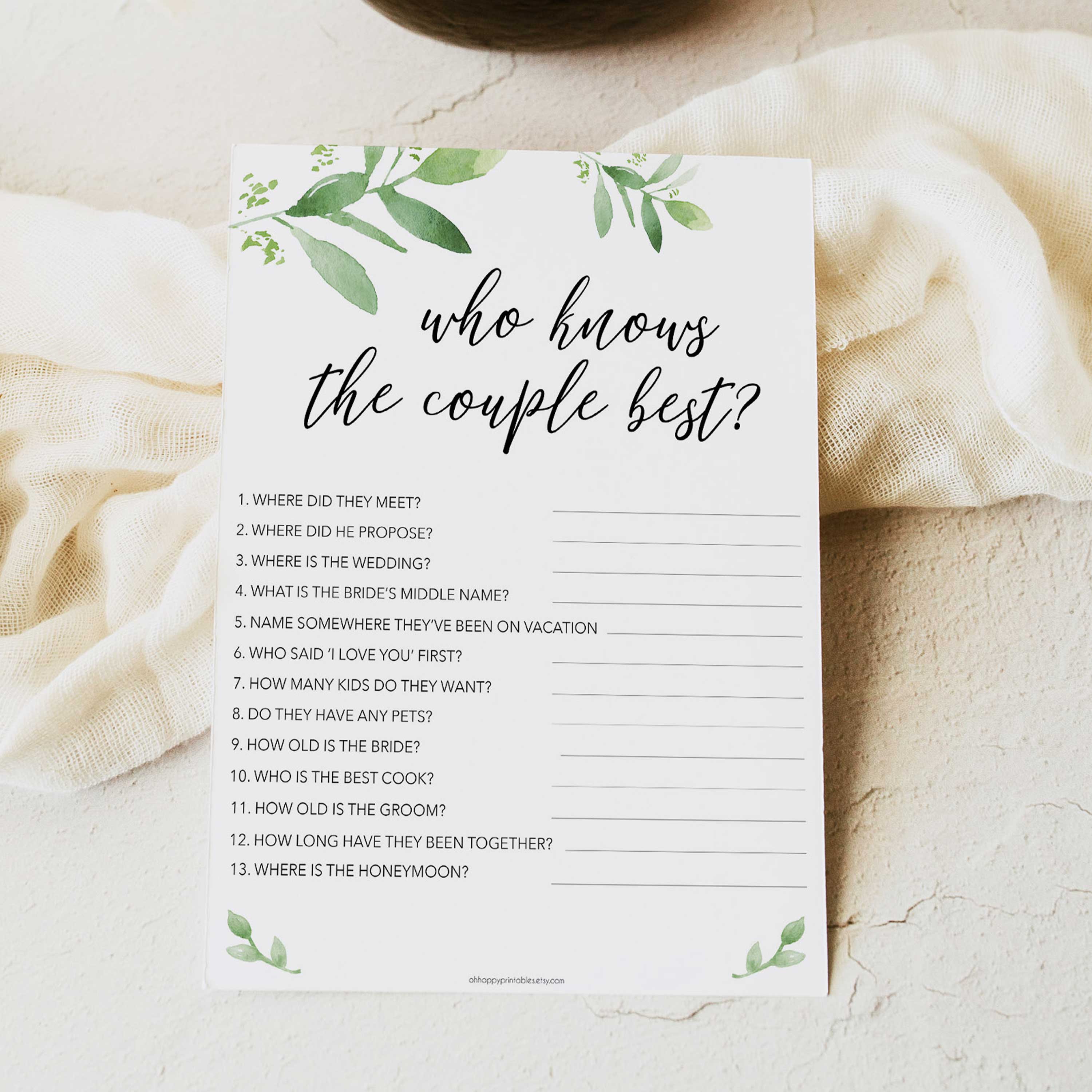 who knows the couple best game, greenery bridal shower, fun bridal shower games, bachelorette party games, floral bridal games, hen party ideas