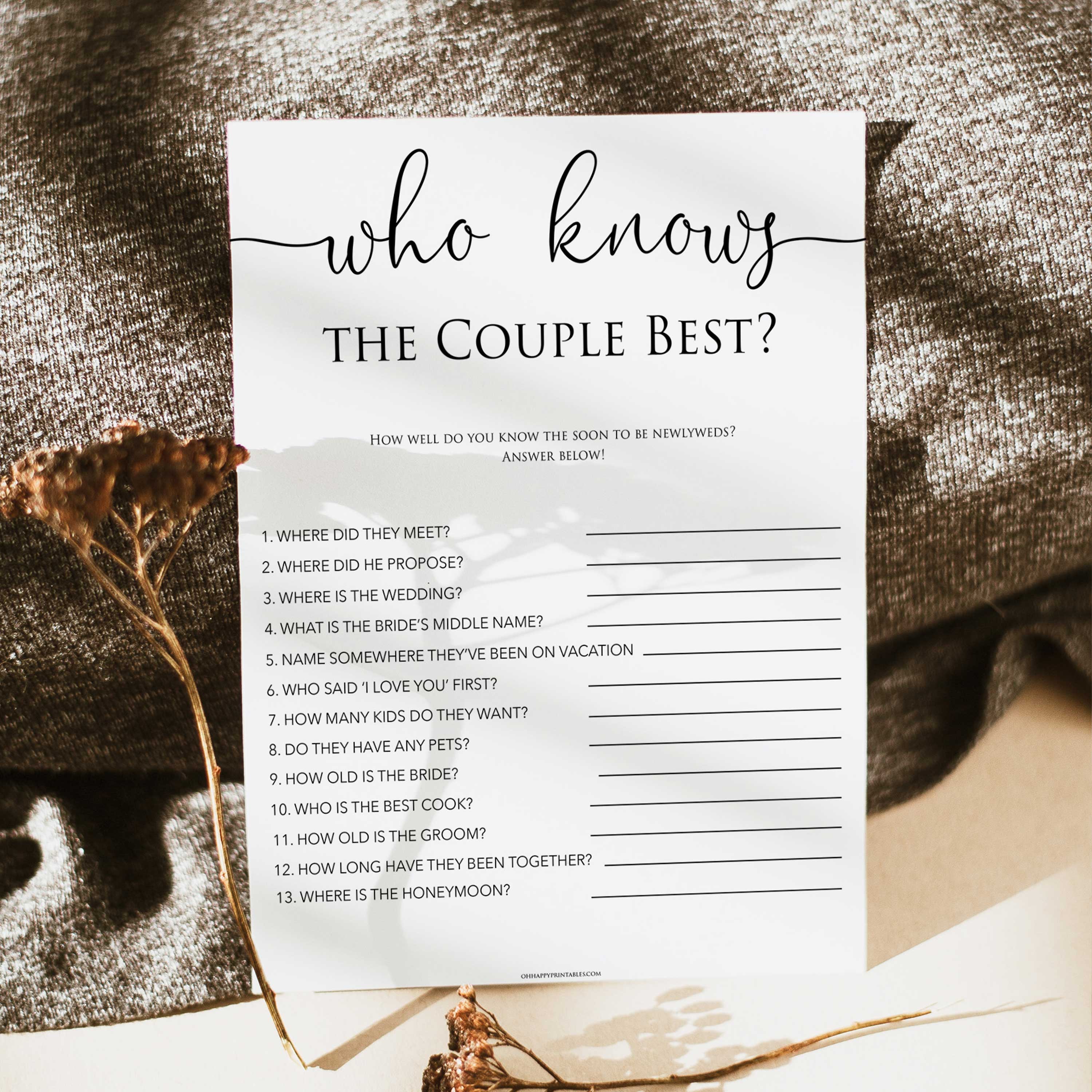 minimalist bridal shower games, who knows the couple best, bridal shower games bundle, printable bridal games, bridal shower games, how knows the bridal, top bridal shower games