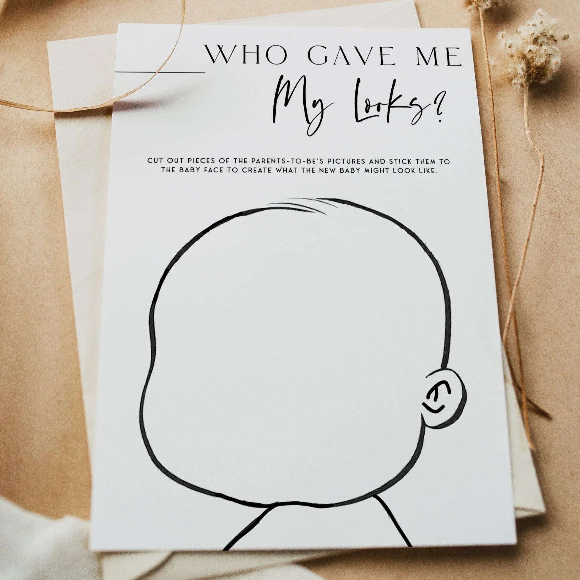 Printable baby shower game Who Gave Me My Looks with a modern minimalist design