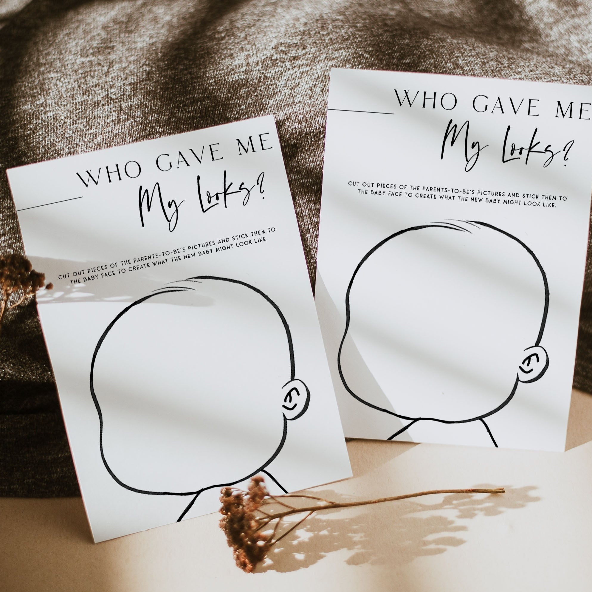 Printable baby shower game Who Gave Me My Looks with a modern minimalist design
